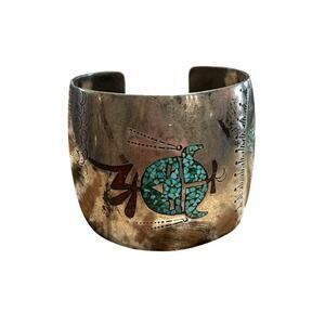 Vintage Thomas Singer Navajo Turquoise & Coral Sterling Silver Cuff Bracelet